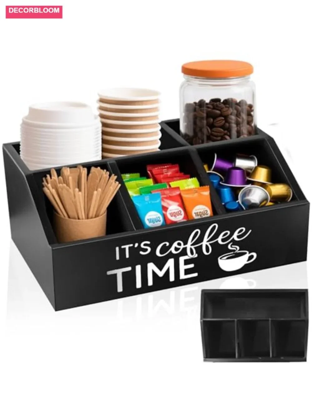 Wooden Coffee Station Organizer, Condiment Holder for Pods & Tea Bags, Rustic